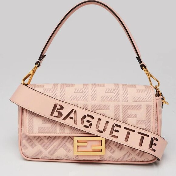 Fendi Extra Baby Pink FF Cotton Canvas Medium Baguette Bag - 8BR600 - Picture 1 of 12